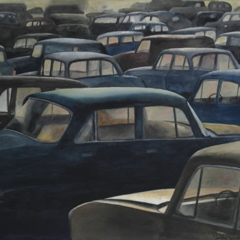 Painting titled "Parking.jpg" by Martine Boguet, Original Artwork, Watercolor Mounted on Wood Stretcher frame