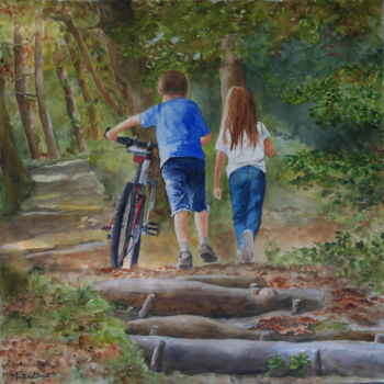 绘画 标题为“Enfants au vélo” 由Martine Boguet, 原创艺术品, 水彩 安装在木质担架架上