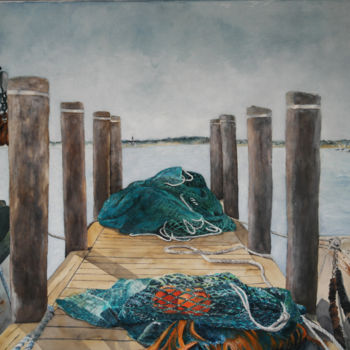 Peinture intitulée "Ponton aux filets" par Martine Boguet, Œuvre d'art originale, Aquarelle Monté sur Châssis en bois