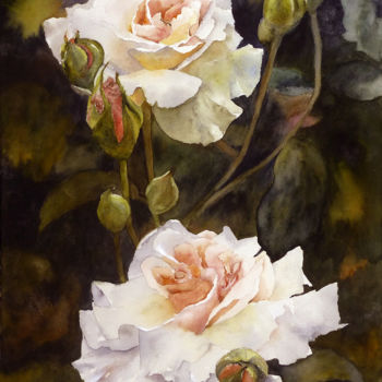 Painting titled "Deux roses blanches" by Martine Boguet, Original Artwork, Watercolor Mounted on Wood Stretcher frame
