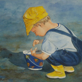 Painting titled "Enfant au coquillage" by Martine Boguet, Original Artwork, Watercolor Mounted on Wood Stretcher frame