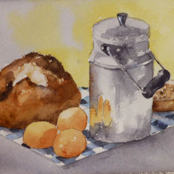 Malerei mit dem Titel "Bidon de Lait" von Martine Boguet, Original-Kunstwerk, Aquarell Auf Keilrahmen aus Holz montiert