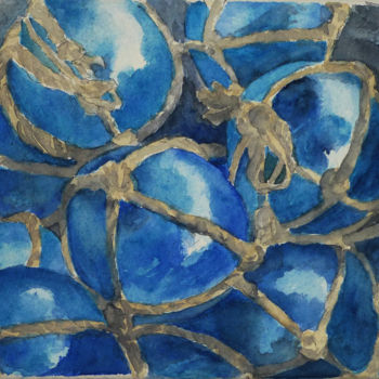 Malerei mit dem Titel "Boules bleues" von Martine Boguet, Original-Kunstwerk, Aquarell Auf Keilrahmen aus Holz montiert