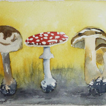 Painting titled "Champignons" by Martine Boguet, Original Artwork, Watercolor Mounted on Wood Stretcher frame