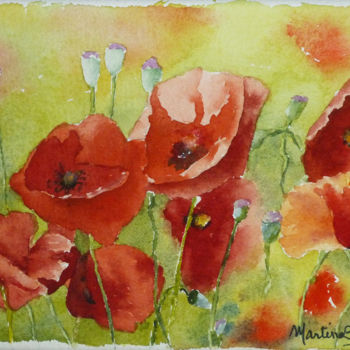 Painting titled "Coquelicots oranges" by Martine Boguet, Original Artwork, Watercolor Mounted on Wood Stretcher frame