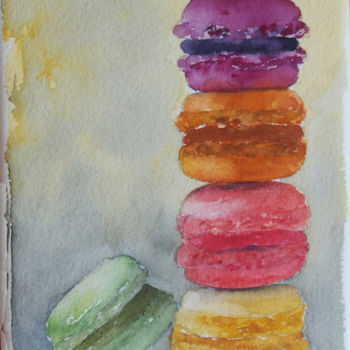 Painting titled "Macarons myrtille" by Martine Boguet, Original Artwork, Watercolor Mounted on Wood Stretcher frame