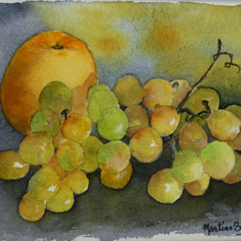 Painting titled "Pomme et raisins" by Martine Boguet, Original Artwork, Watercolor Mounted on Wood Stretcher frame