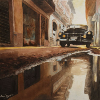 Painting titled "Voiture noire" by Martine Boguet, Original Artwork, Watercolor Mounted on Wood Stretcher frame