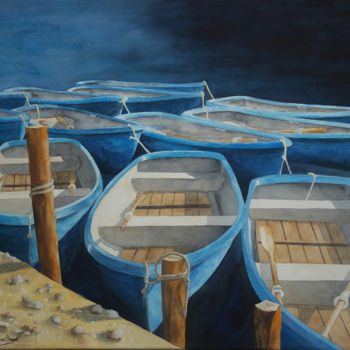 Painting titled "Barques bleues" by Martine Boguet, Original Artwork, Watercolor Mounted on Wood Stretcher frame