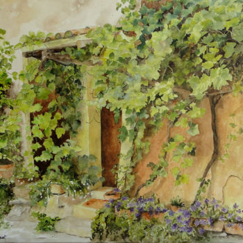 Peinture intitulée "Porte à la vigne" par Martine Boguet, Œuvre d'art originale, Aquarelle Monté sur Châssis en bois