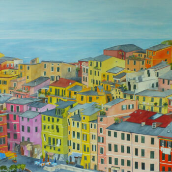 Painting titled "Couleurs d'Italie" by Martine Boguet, Original Artwork, Watercolor Mounted on Wood Stretcher frame