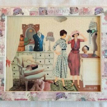Collages titled "Boutique de Mode VI…" by Martisanatcréations, Original Artwork, Collages Mounted on Wood Panel