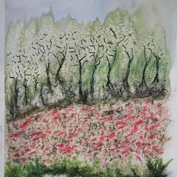 Painting titled "Coquelicots au bord…" by Martine Caumet, Original Artwork, Watercolor