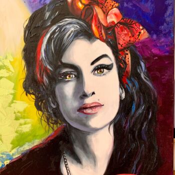 Malerei mit dem Titel "Amy Winehouse" von Martine Perugini, Original-Kunstwerk, Öl Auf Keilrahmen aus Holz montiert