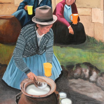 Schilderij getiteld "Les 3 péruviennes" door Martine Rauzy, Origineel Kunstwerk, Olie