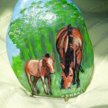 Картина под названием "maman et bébé cheval" - Martine Zendali, Подлинное произведение искусства, Витражная роспись