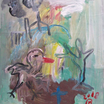 Peinture intitulée "Little Bird with Bl…" par Martinus Sumbaji, Œuvre d'art originale, Acrylique