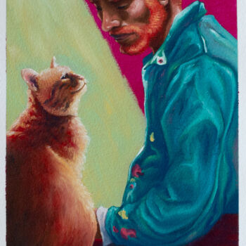 Peinture intitulée "Vincent et son chat" par Marty Crouz, Œuvre d'art originale, Huile