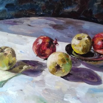 Painting titled "Sunny apples" by Maria Bel, Original Artwork, Oil Mounted on Cardboard