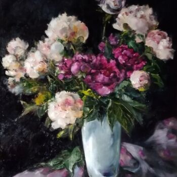 Painting titled "Pivoines/Peonies" by Maria Bel, Original Artwork, Oil Mounted on Wood Stretcher frame