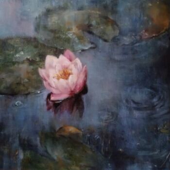 Malarstwo zatytułowany „Waterlily in rain/N…” autorstwa Maria Bel, Oryginalna praca, Olej