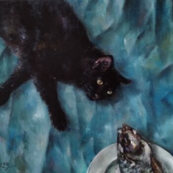 "Cat & Fish" başlıklı Tablo Maria Bel tarafından, Orijinal sanat, Petrol Ahşap Sedye çerçevesi üzerine monte edilmiş