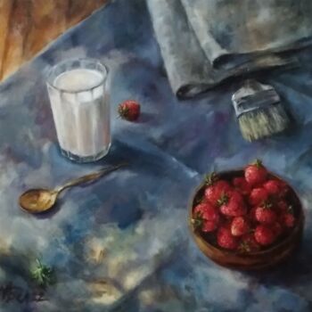 Painting titled "Fresh mood. Milk &…" by Maria Bel, Original Artwork, Oil Mounted on Wood Stretcher frame