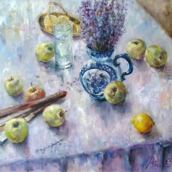 Painting titled "Still life with lav…" by Maria Bel, Original Artwork, Oil Mounted on Cardboard