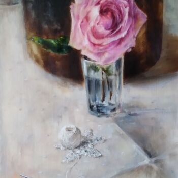 Картина под названием "Rose and white thre…" - Maria Bel, Подлинное произведение искусства, Масло Установлен на картон
