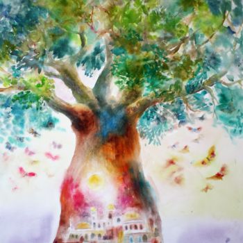 Painting titled "L'arbre lumière" by Marwanart, Original Artwork, Watercolor