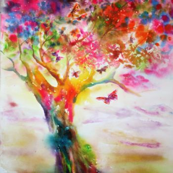 Pintura titulada "L'arbre lumière 01" por Marwanart, Obra de arte original, Acuarela