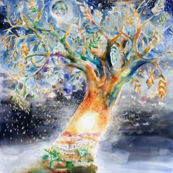 Malerei mit dem Titel "L'arbre lumière 04" von Marwanart, Original-Kunstwerk, Aquarell