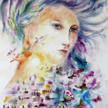 Pintura intitulada "La femme lumière 01" por Marwanart, Obras de arte originais, Aquarela