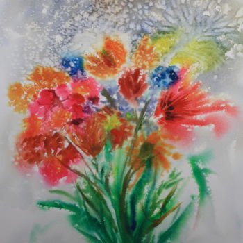 Pintura intitulada "Fleurs" por Marwanart, Obras de arte originais, Aquarela