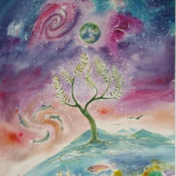 Pintura intitulada "L'arbre céléste" por Marwanart, Obras de arte originais, Aquarela