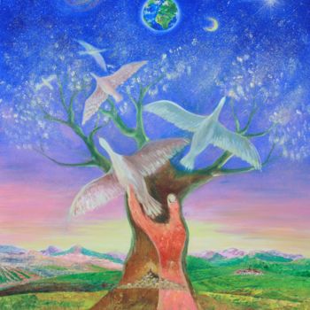 Pintura intitulada "L'arbre de la paix" por Marwanart, Obras de arte originais, Óleo