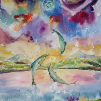 Peinture intitulée "La Danse de dauphins" par Marwanart, Œuvre d'art originale, Aquarelle