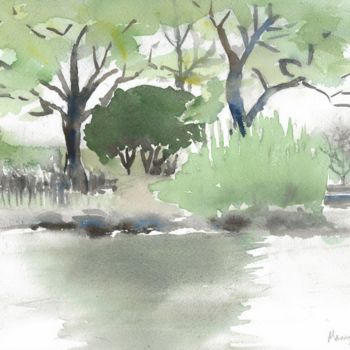 Painting titled "Pond in Spring" by Mary Adam, Original Artwork, Watercolor