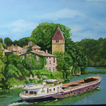Painting titled "L'ILE BARBE - LYON" by Maryvonne Charvet, Original Artwork, Oil Mounted on Wood Stretcher frame