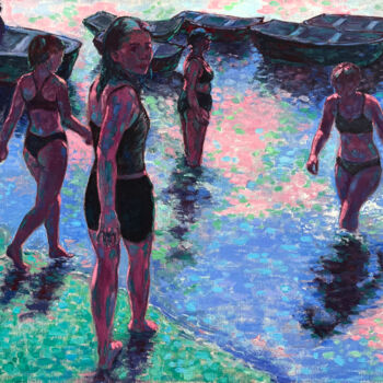 Painting titled "The Girls Go Swimmi…" by Mary Black, Original Artwork, Oil