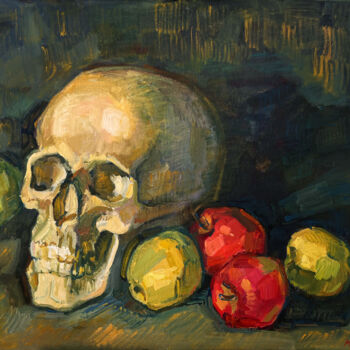 Schilderij getiteld "Skull With Apples" door Mary Black, Origineel Kunstwerk, Olie