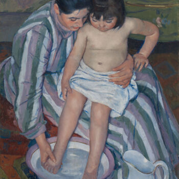 Schilderij getiteld "Le bain de l'enfant" door Mary Cassatt, Origineel Kunstwerk, Olie