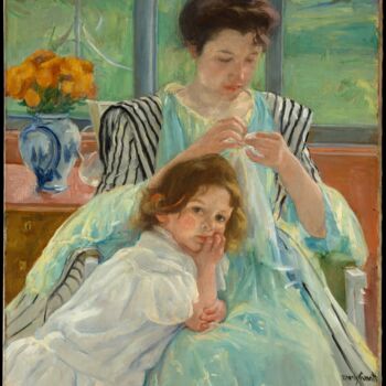 Schilderij getiteld "Jeune mère cousant" door Mary Cassatt, Origineel Kunstwerk, Olie