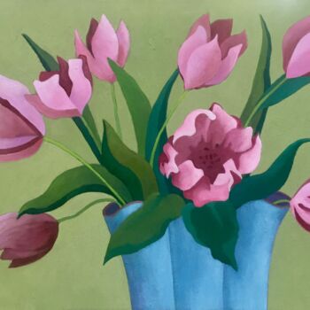 Картина под названием "Tulips in a Blue Va…" - Mary Downe, Подлинное произведение искусства, Масло