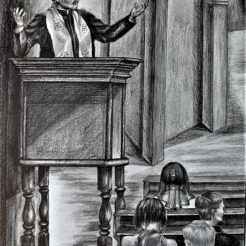 Dibujo titulada "The Sermon" por Mary Joan Attard, Obra de arte original, Grafito Montado en Otro panel rígido