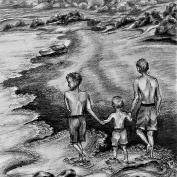 Drawing titled "Brothers at the Bea…" by Mary Joan Attard, Original Artwork, Graphite Mounted on Other rigid panel