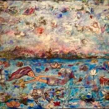 Картина под названием "The mermaid" - Mary Larsson, Подлинное произведение искусства, Акрил Установлен на Деревянная рама дл…