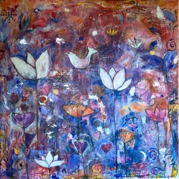 Painting titled "The flower garden" by Mary Larsson, Original Artwork, Acrylic Mounted on Wood Stretcher frame