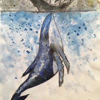 Painting titled "Whales are among us" by Mary Field, Original Artwork, Watercolor