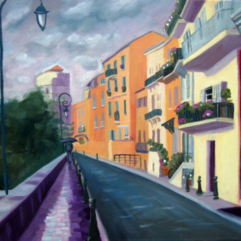 Painting titled "Rainy Monaco" by Mary Stubberfield, Original Artwork, Oil Mounted on Wood Stretcher frame